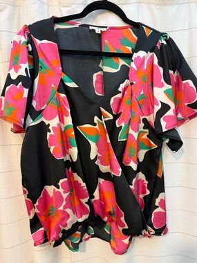 Umgee Black Floral Wrap-Style Blouse with Pink & Orange Blooms